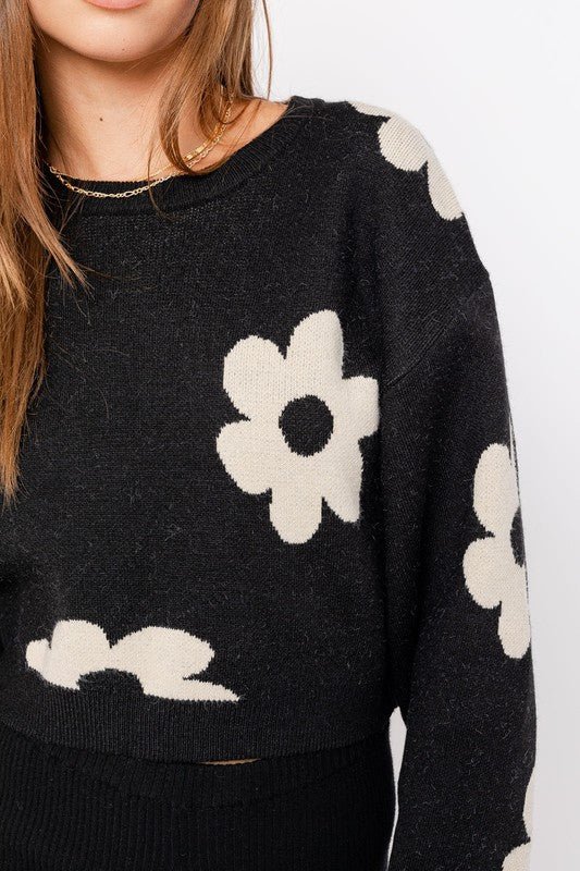 Long Sleeve Crop Sweater with Daisy Pattern - Happily Ever Atchison Shop Co.