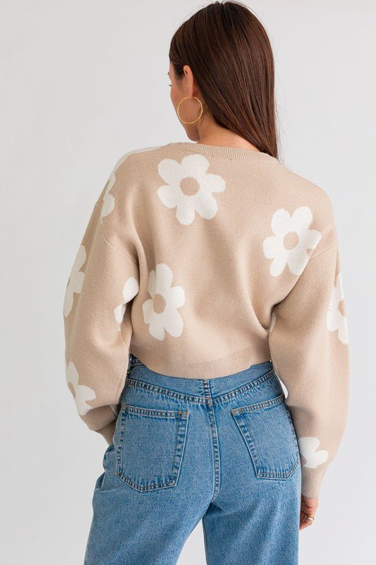 Long Sleeve Crop Sweater with Daisy Pattern - Happily Ever Atchison Shop Co.