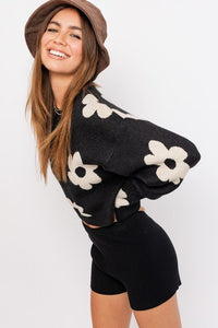 Long Sleeve Crop Sweater with Daisy Pattern - Happily Ever Atchison Shop Co.