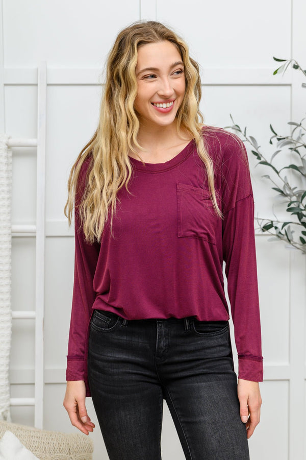 Long Sleeve Knit Top With Pocket In Burgundy - Happily Ever Atchison Shop Co.