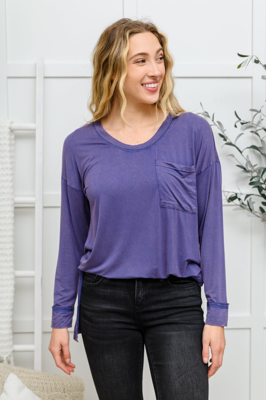 Long Sleeve Knit Top With Pocket In Denim Blue - Happily Ever Atchison Shop Co.