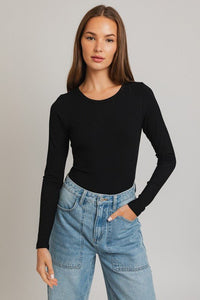 Long Sleeve Round Neck Ribbed Bodysuit - Happily Ever Atchison Shop Co.