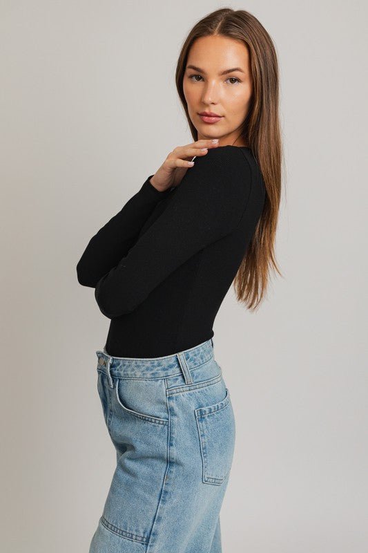 Long Sleeve Round Neck Ribbed Bodysuit - Happily Ever Atchison Shop Co.