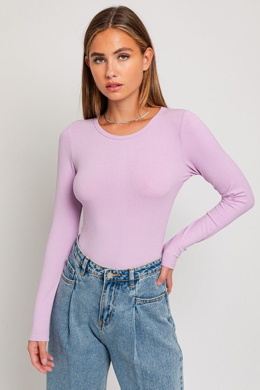 Long Sleeve Round Neck Ribbed Bodysuit - Happily Ever Atchison Shop Co.