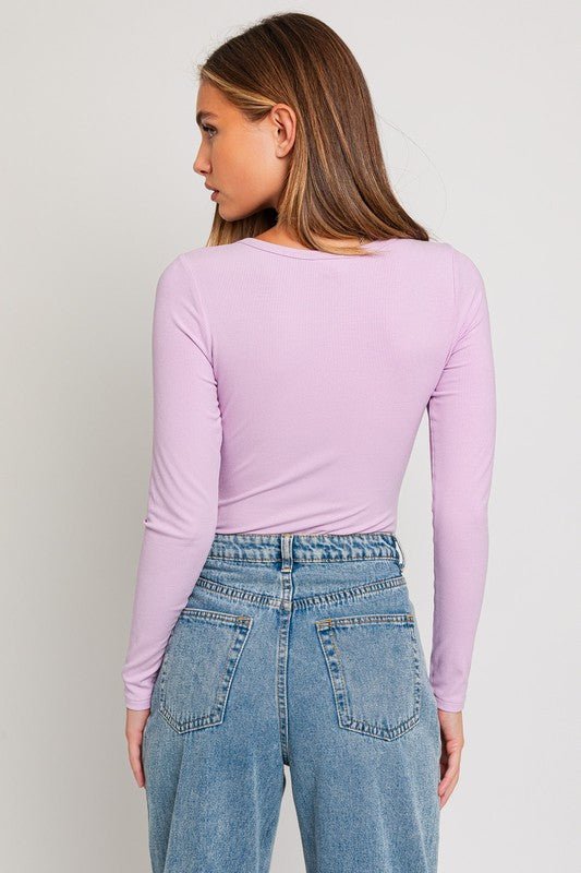 Long Sleeve Round Neck Ribbed Bodysuit - Happily Ever Atchison Shop Co.