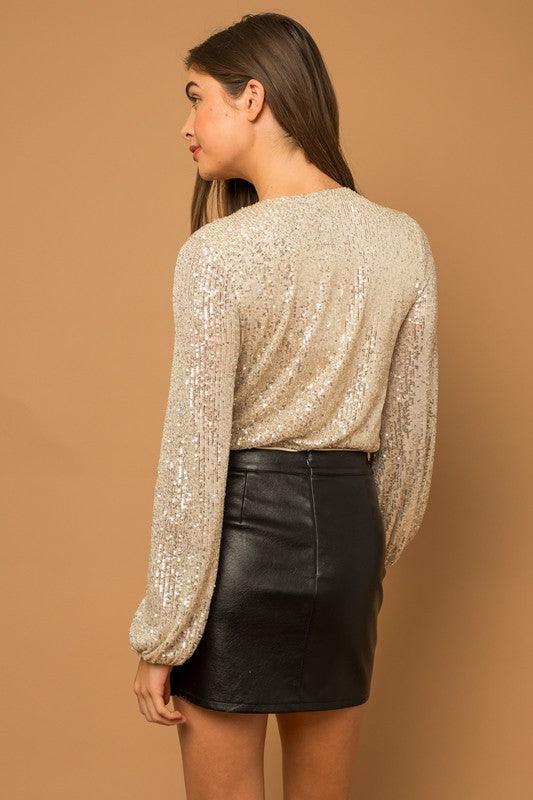 Long Sleeve Sequin Wrap Bodysuit - Happily Ever Atchison Shop Co.