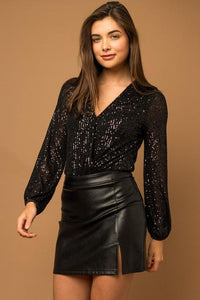 Long Sleeve Sequin Wrap Bodysuit - Happily Ever Atchison Shop Co.