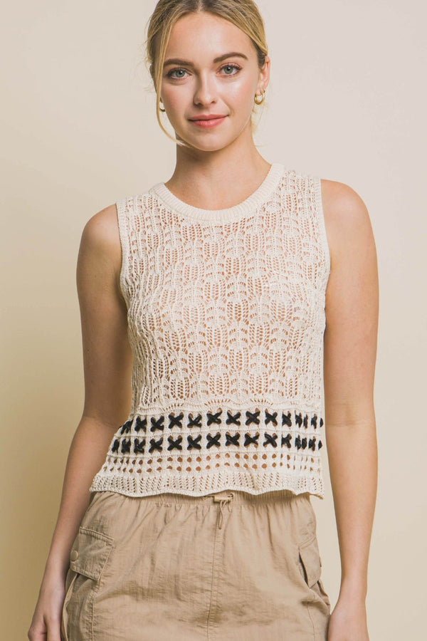 Love Tree Contrast line Openwork Knit Tank - Happily Ever Atchison Shop Co.