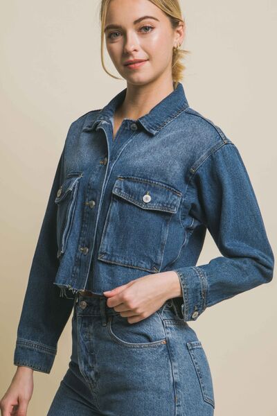 LOVE TREE Raw Hem Button Up Cropped Denim Jacket - Happily Ever Atchison Shop Co.