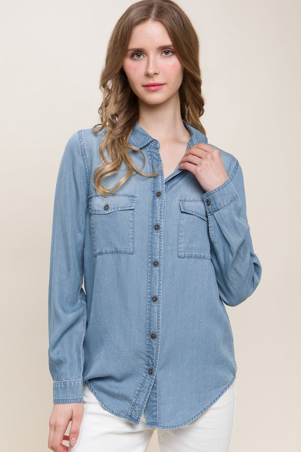 Love Tree Scooped Hem Button Up Denim Shirt - Happily Ever Atchison Shop Co.