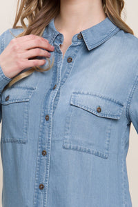 Love Tree Scooped Hem Button Up Denim Shirt - Happily Ever Atchison Shop Co.