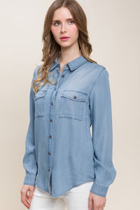 Love Tree Scooped Hem Button Up Denim Shirt - Happily Ever Atchison Shop Co.