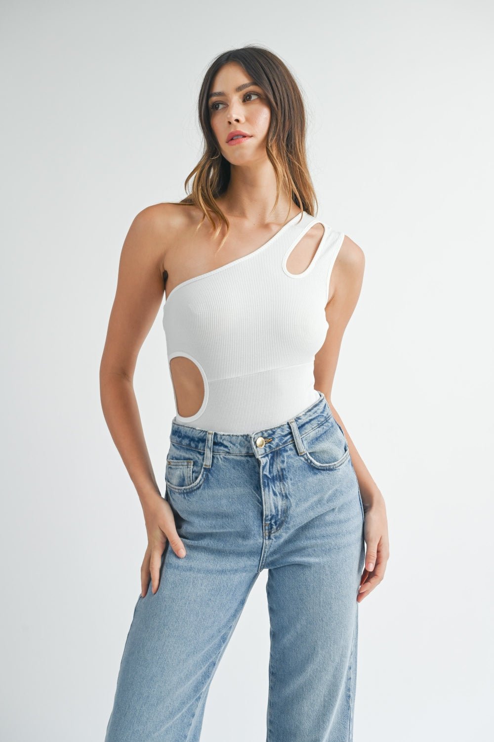 MABLE One Shoulder Ribbed Cutout Detail Bodysuit - Happily Ever Atchison Shop Co.