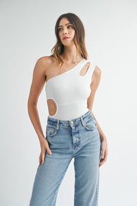 MABLE One Shoulder Ribbed Cutout Detail Bodysuit - Happily Ever Atchison Shop Co.