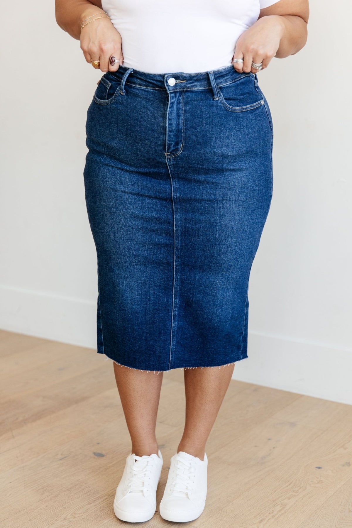 Marcy High Rise Denim Midi Skirt - Happily Ever Atchison Shop Co.