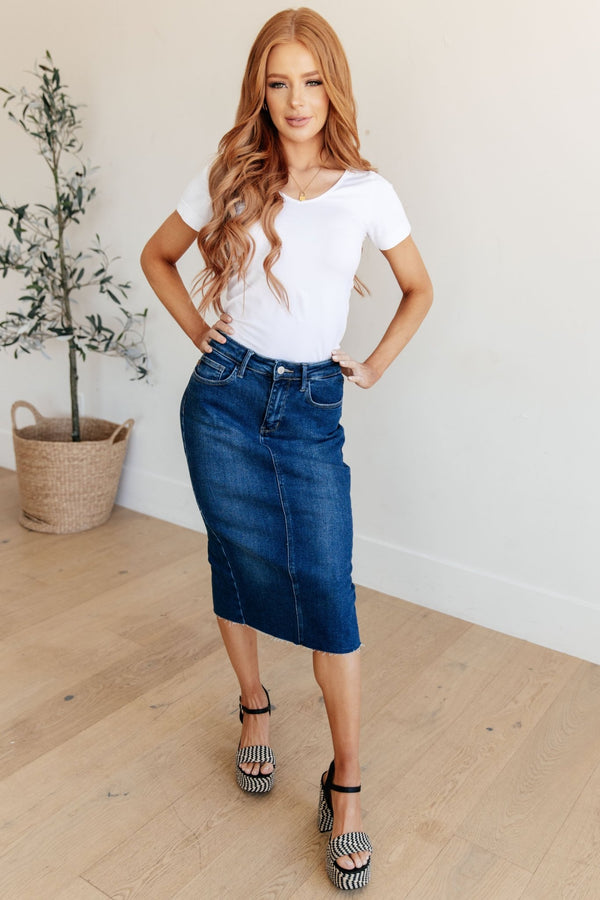 Marcy High Rise Denim Midi Skirt - Happily Ever Atchison Shop Co.