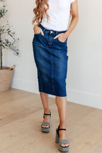 Marcy High Rise Denim Midi Skirt - Happily Ever Atchison Shop Co.