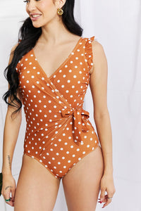 Marina West Swim Full Size Float On Ruffle Faux Wrap One - Piece in Terracotta - Happily Ever Atchison Shop Co.