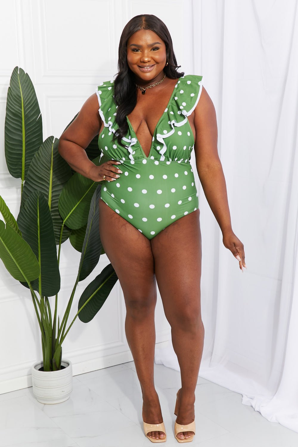 Marina West Swim Moonlit Dip Ruffle Plunge Swimsuit in Mid Green - Happily Ever Atchison Shop Co.