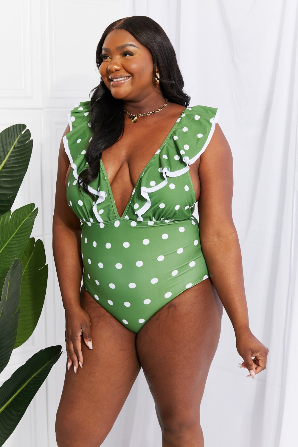 Marina West Swim Moonlit Dip Ruffle Plunge Swimsuit in Mid Green - Happily Ever Atchison Shop Co.