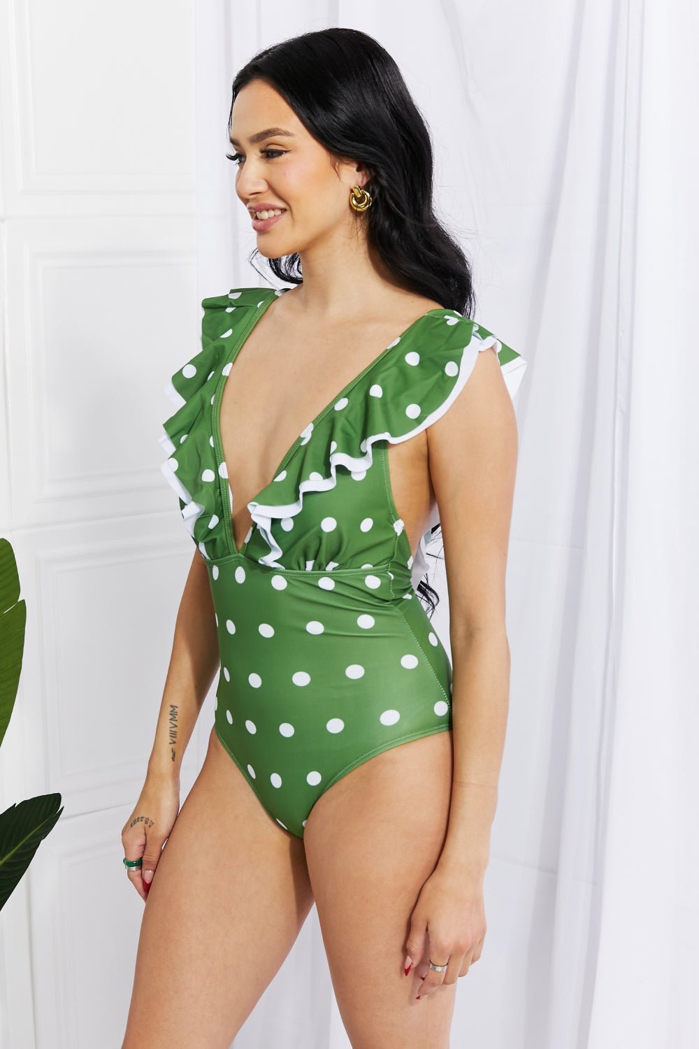 Marina West Swim Moonlit Dip Ruffle Plunge Swimsuit in Mid Green - Happily Ever Atchison Shop Co.