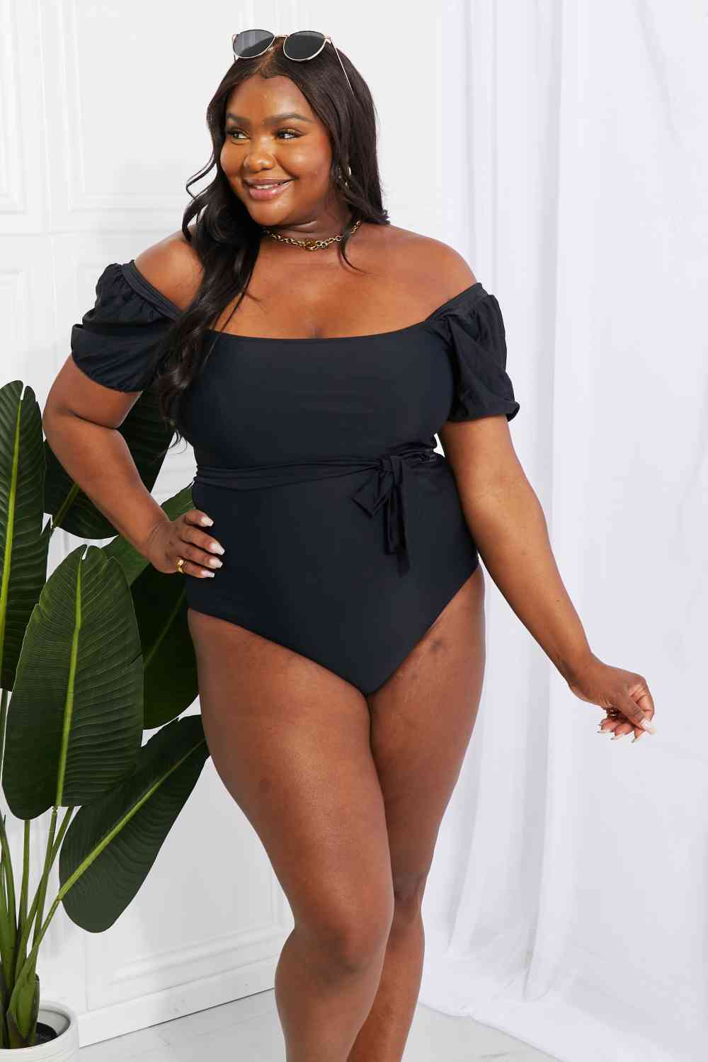 Marina West Swim Salty Air Puff Sleeve One - Piece in Black - Happily Ever Atchison Shop Co.