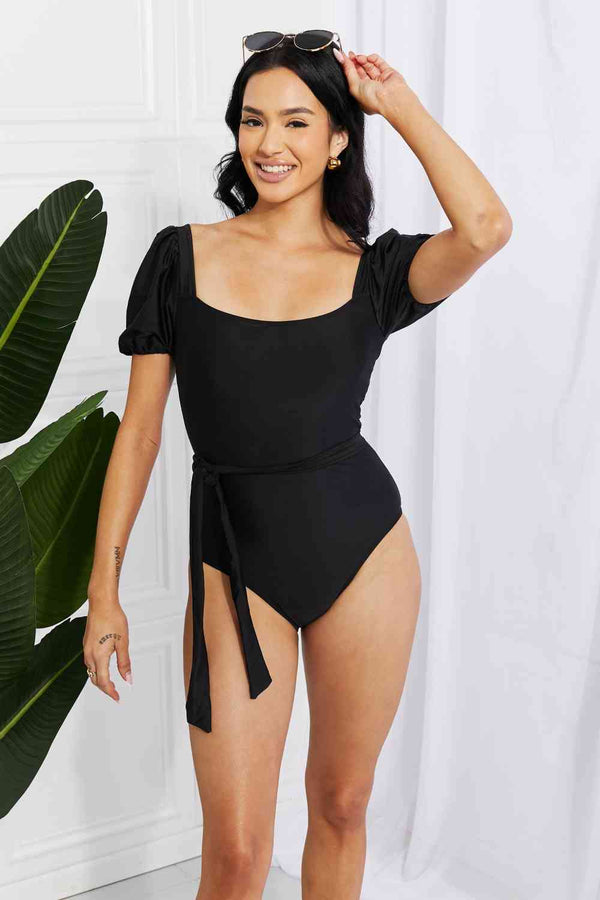 Marina West Swim Salty Air Puff Sleeve One - Piece in Black - Happily Ever Atchison Shop Co.