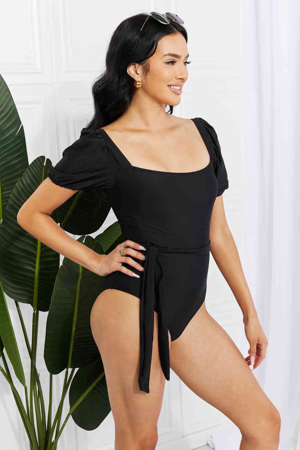 Marina West Swim Salty Air Puff Sleeve One - Piece in Black - Happily Ever Atchison Shop Co.