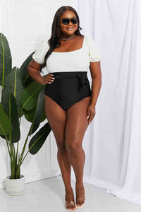 Marina West Swim Salty Air Puff Sleeve One - Piece in Cream/Black - Happily Ever Atchison Shop Co.