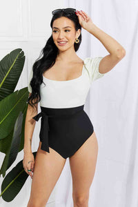 Marina West Swim Salty Air Puff Sleeve One - Piece in Cream/Black - Happily Ever Atchison Shop Co.