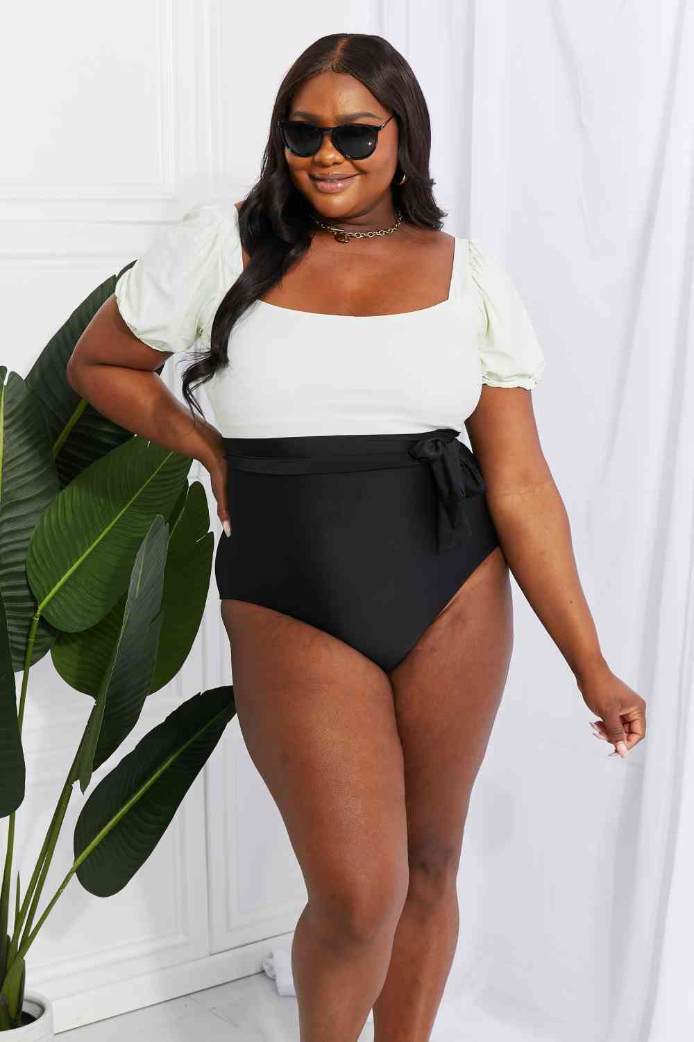 Marina West Swim Salty Air Puff Sleeve One - Piece in Cream/Black - Happily Ever Atchison Shop Co.