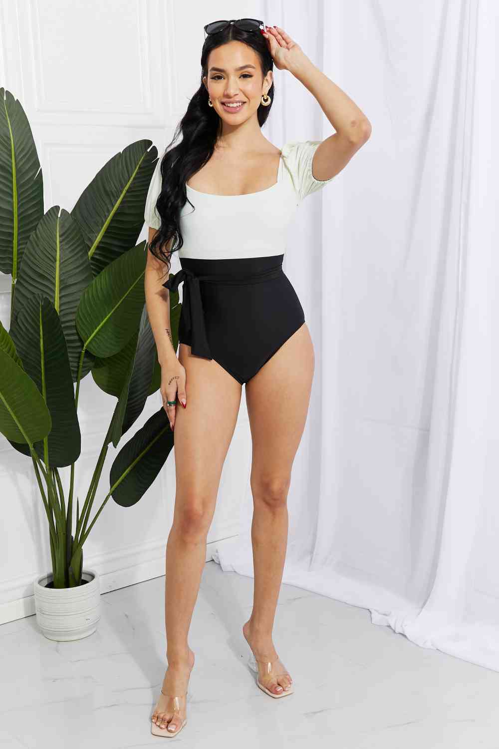 Marina West Swim Salty Air Puff Sleeve One - Piece in Cream/Black - Happily Ever Atchison Shop Co.