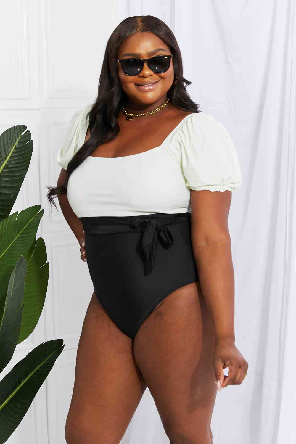 Marina West Swim Salty Air Puff Sleeve One - Piece in Cream/Black - Happily Ever Atchison Shop Co.