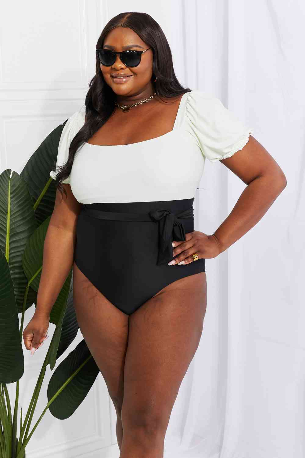 Marina West Swim Salty Air Puff Sleeve One - Piece in Cream/Black - Happily Ever Atchison Shop Co.