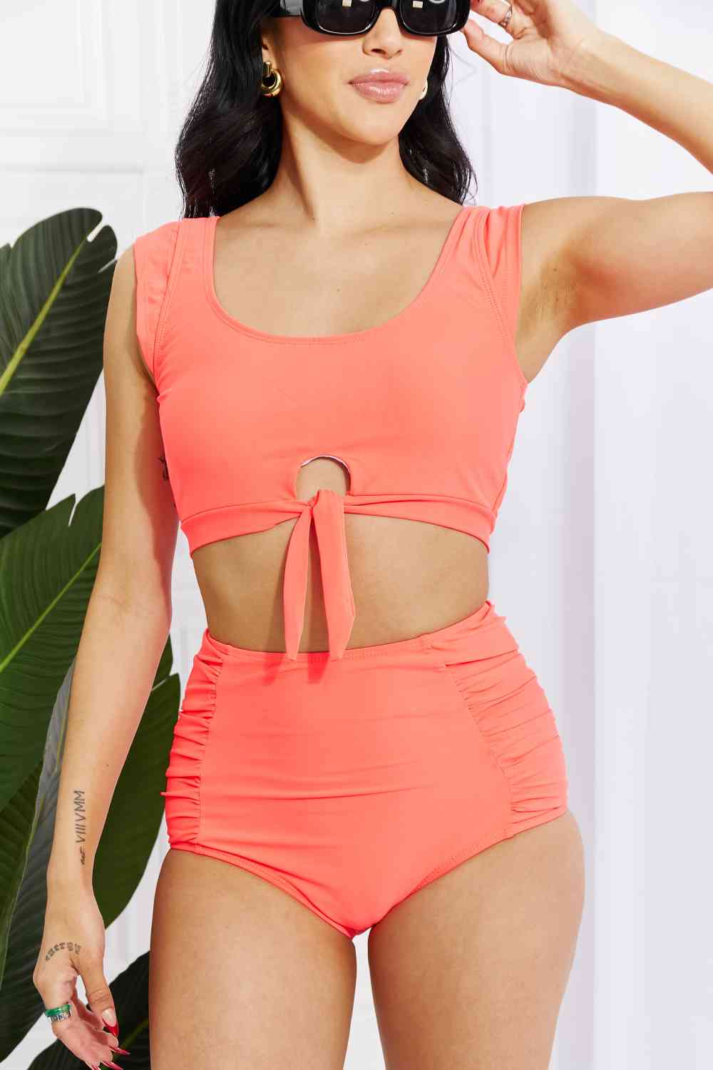 Marina West Swim Sanibel Crop Swim Top and Ruched Bottoms Set in Coral - Happily Ever Atchison Shop Co.