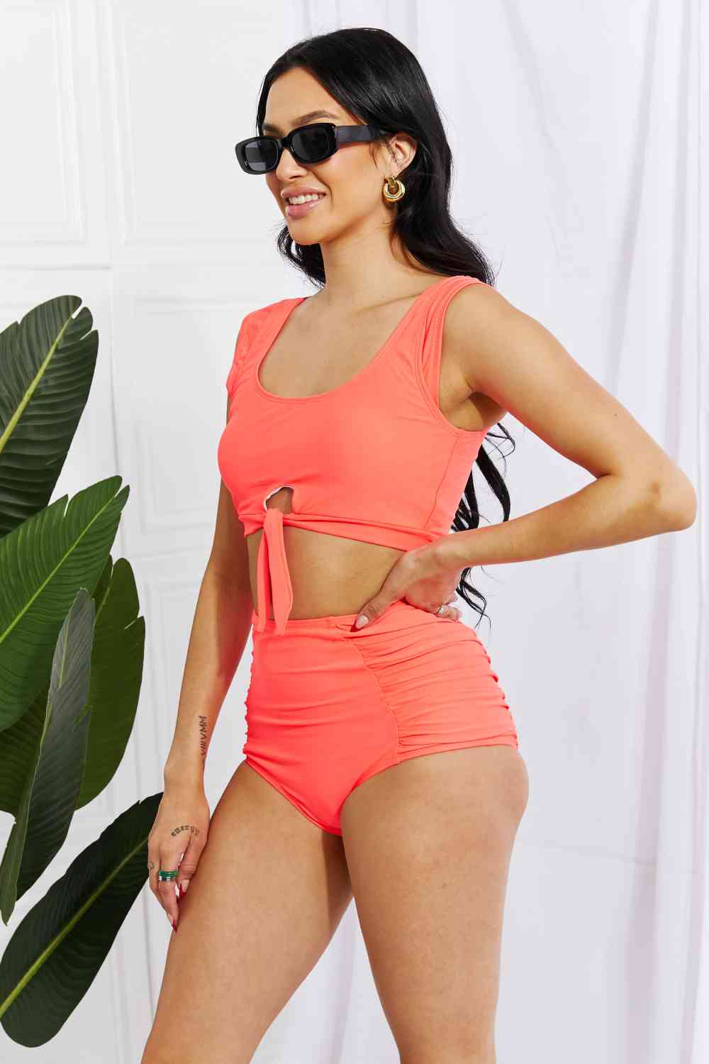 Marina West Swim Sanibel Crop Swim Top and Ruched Bottoms Set in Coral - Happily Ever Atchison Shop Co.