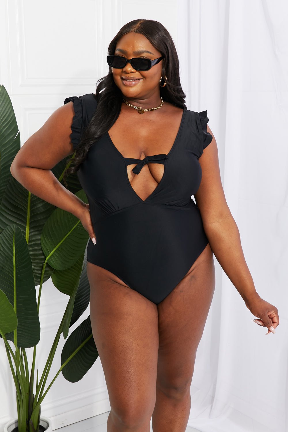 Marina West Swim Seashell Ruffle Sleeve One - Piece in Black - Happily Ever Atchison Shop Co.