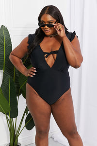 Marina West Swim Seashell Ruffle Sleeve One - Piece in Black - Happily Ever Atchison Shop Co.