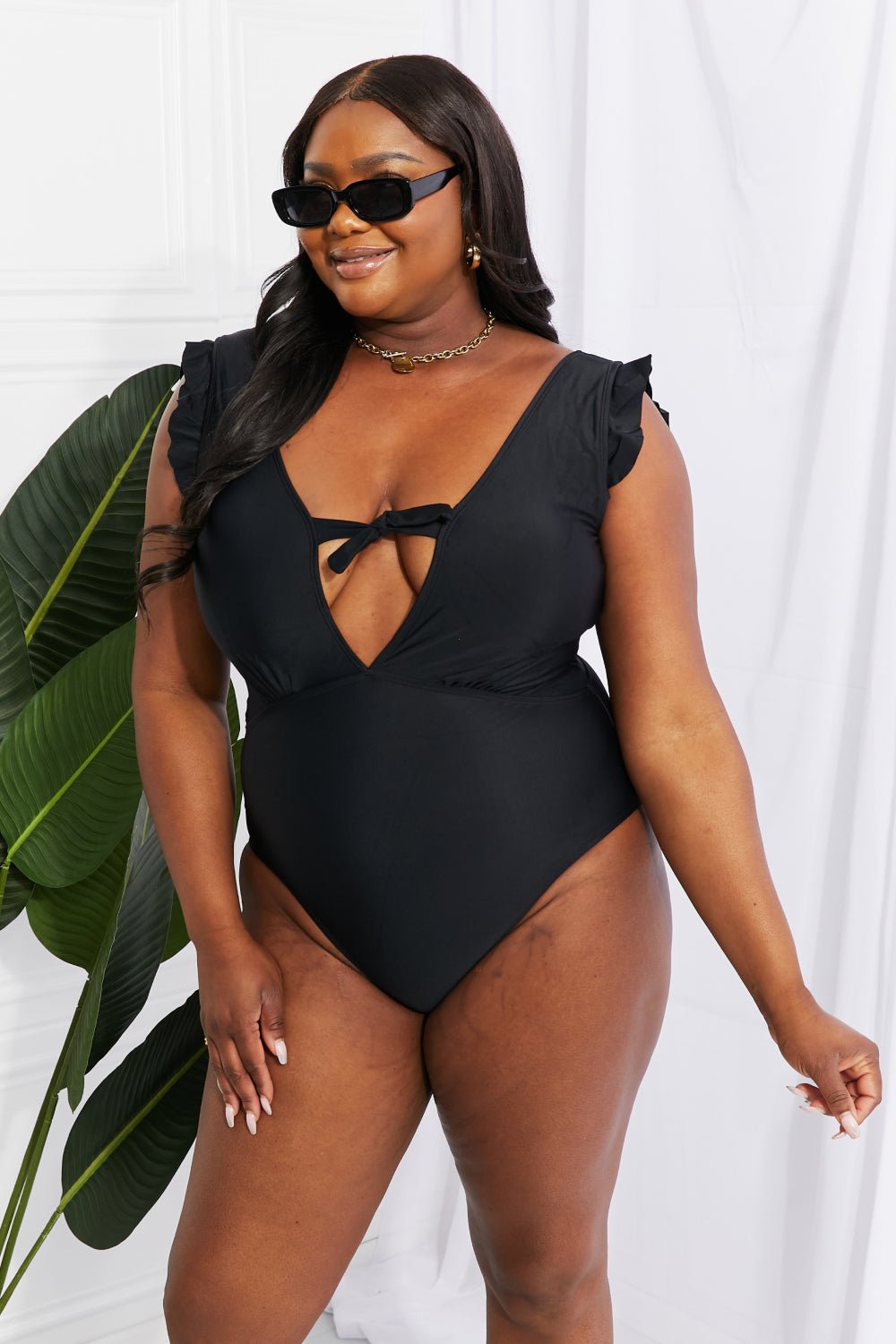 Marina West Swim Seashell Ruffle Sleeve One - Piece in Black - Happily Ever Atchison Shop Co.