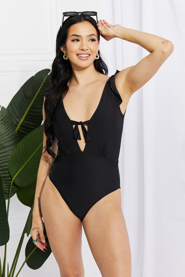 Marina West Swim Seashell Ruffle Sleeve One - Piece in Black - Happily Ever Atchison Shop Co.