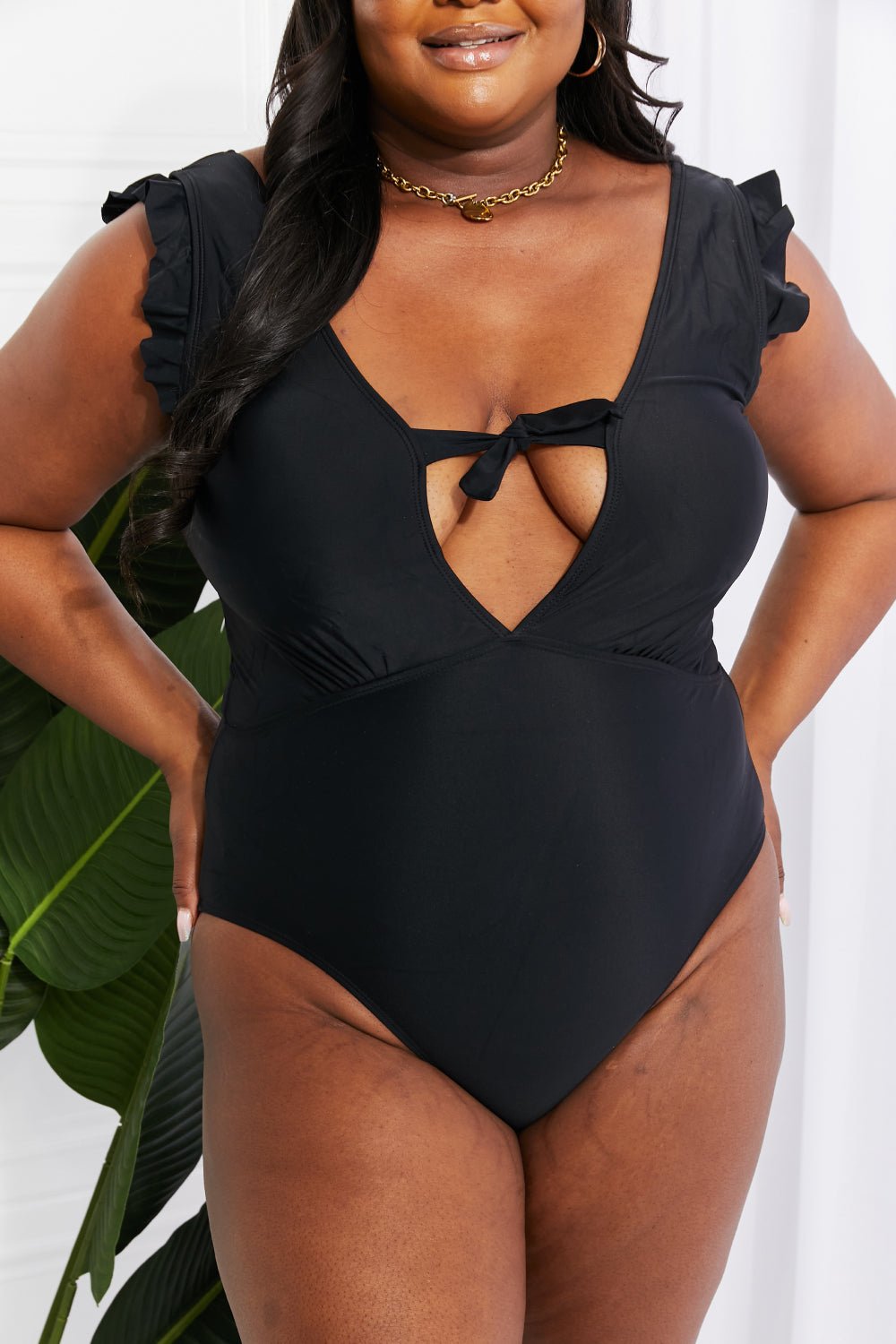 Marina West Swim Seashell Ruffle Sleeve One - Piece in Black - Happily Ever Atchison Shop Co.