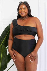Marina West Swim Seaside Romance Ruffle One - Shoulder Bikini in Black - Happily Ever Atchison Shop Co.