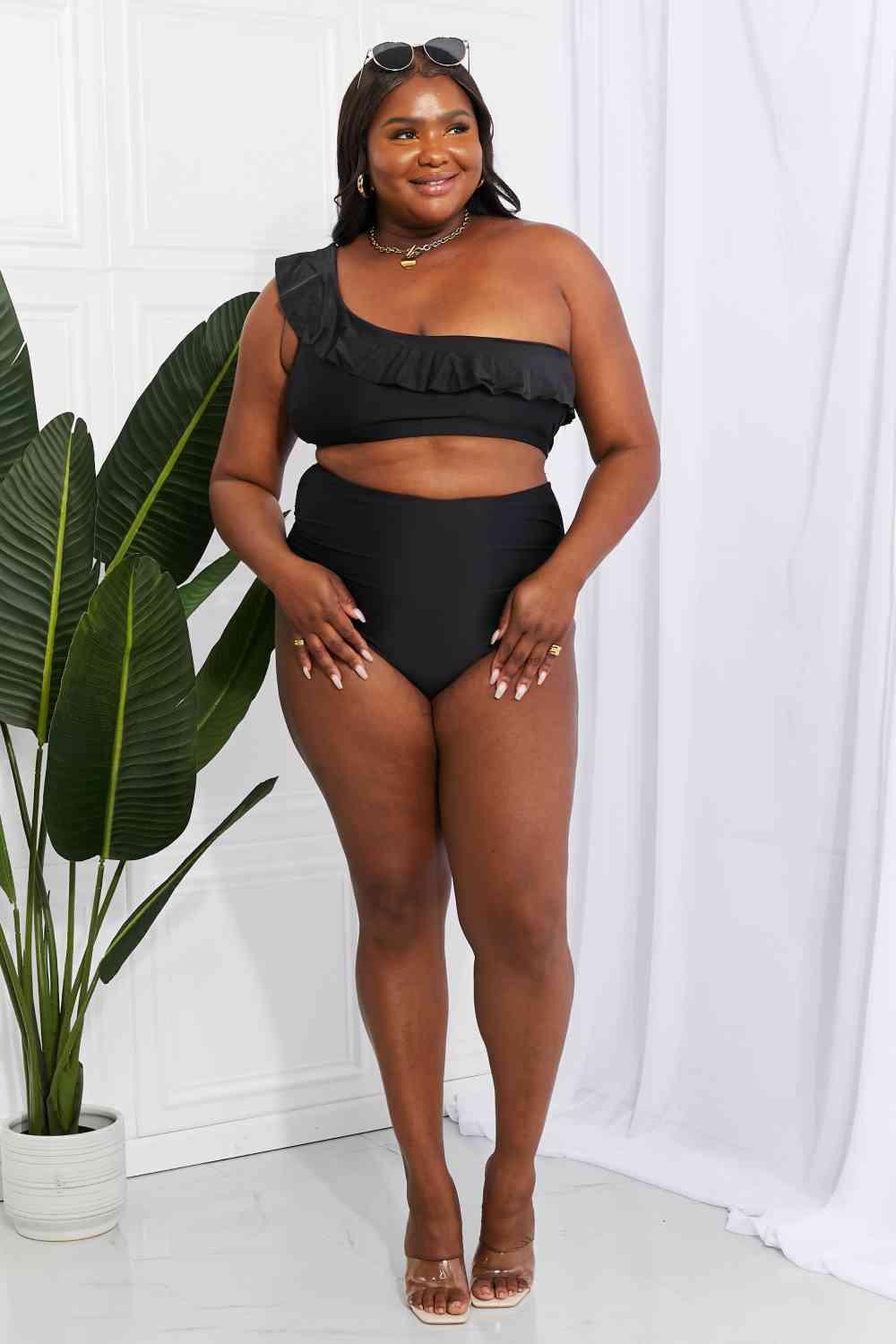 Marina West Swim Seaside Romance Ruffle One - Shoulder Bikini in Black - Happily Ever Atchison Shop Co.