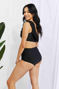 Marina West Swim Seaside Romance Ruffle One - Shoulder Bikini in Black - Happily Ever Atchison Shop Co.