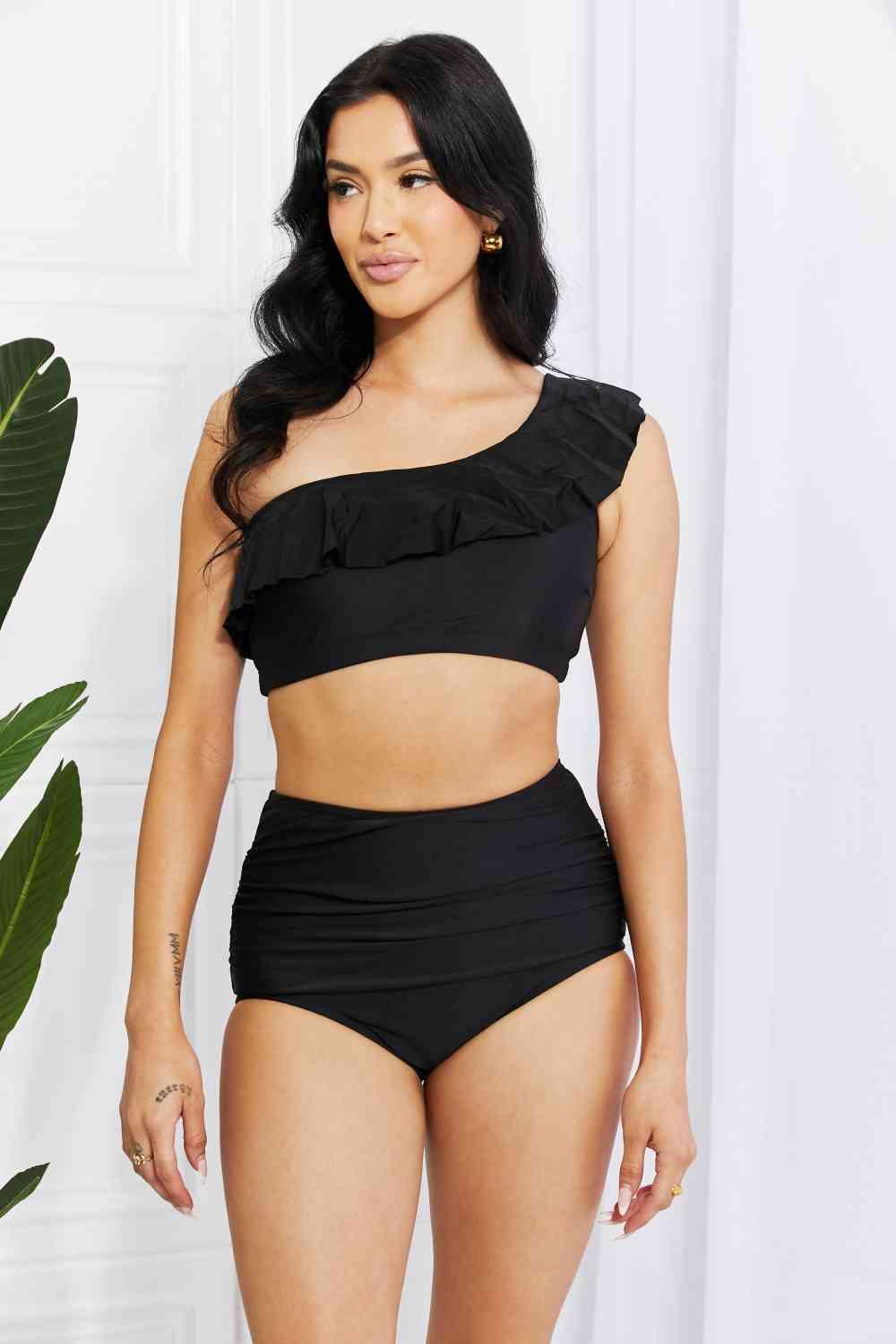 Marina West Swim Seaside Romance Ruffle One - Shoulder Bikini in Black - Happily Ever Atchison Shop Co.