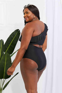 Marina West Swim Seaside Romance Ruffle One - Shoulder Bikini in Black - Happily Ever Atchison Shop Co.