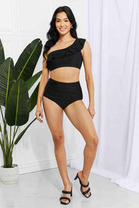 Marina West Swim Seaside Romance Ruffle One - Shoulder Bikini in Black - Happily Ever Atchison Shop Co.