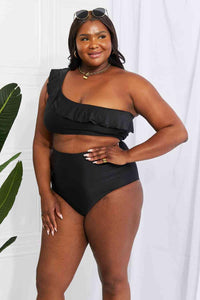 Marina West Swim Seaside Romance Ruffle One - Shoulder Bikini in Black - Happily Ever Atchison Shop Co.