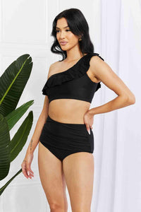 Marina West Swim Seaside Romance Ruffle One - Shoulder Bikini in Black - Happily Ever Atchison Shop Co.