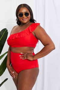 Marina West Swim Seaside Romance Ruffle One - Shoulder Bikini in Red - Happily Ever Atchison Shop Co.